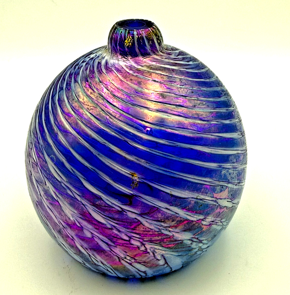 Vintage Studio Art Glass Cobalt Blue Iridescent Hand Blown Oil Lamp Bud Vase